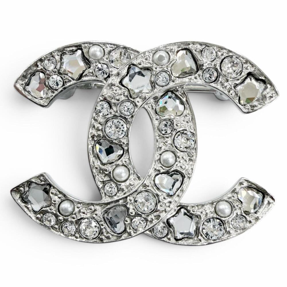CHANEL Silver Pearl Logo Brooch